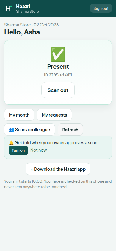 Haazri on an employee's phone, marked present